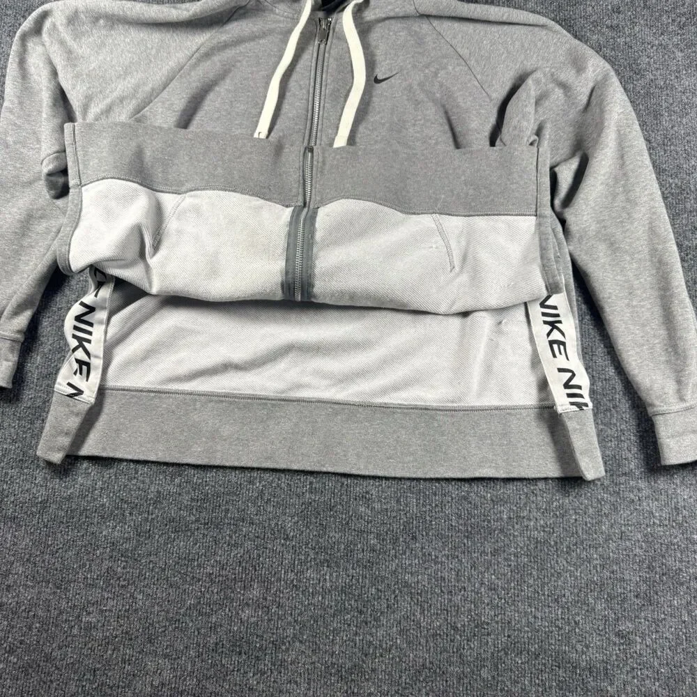 Nike Womens Get Fit Full Zip Hoodie Gray Dri-FIT Side Slit Graphic Sweatshirt L